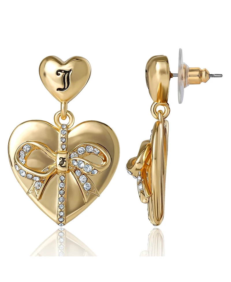 Juicy Couture Quilted Double Heart Drop Earrings, Gold Tone with Crystal Accents