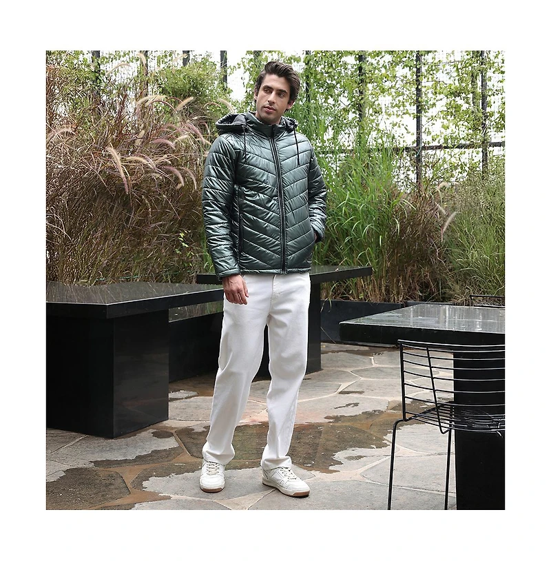 Campus Sutra Men's Seaweed Green Coated Panel-Quilt Puffer Jacket