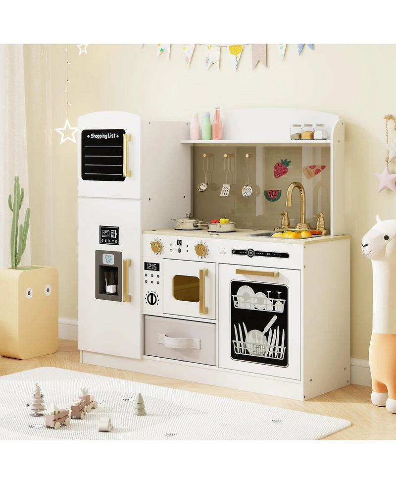 Skonyon Wooden Kids Kitchen Playset with Chalkboard Ice Maker Sink Lighted Microwave-White