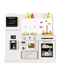 Skonyon Wooden Kids Kitchen Playset with Chalkboard Ice Maker Sink Lighted Microwave-White