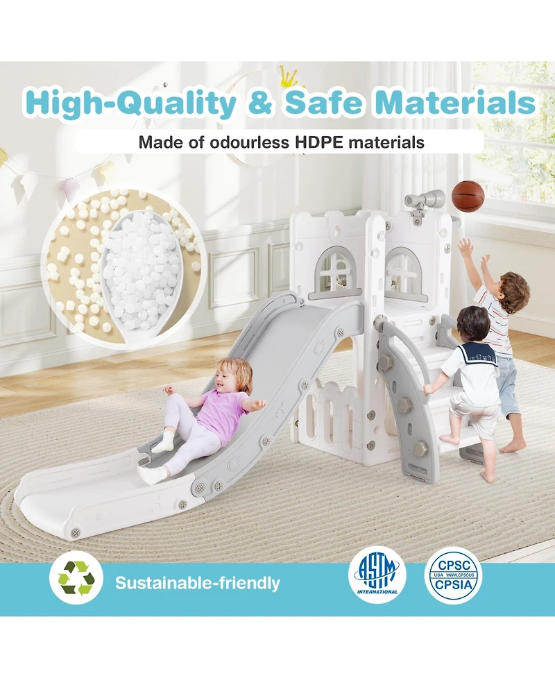 Skonyon 6-in-1 Toddler Slide L-shaped Playground with Basketball Hoop and Ladder