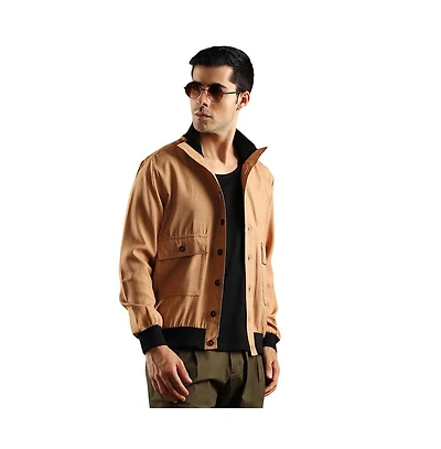 Campus Sutra Men's Khaki Beige Tactile-Utility Bomber Jacket