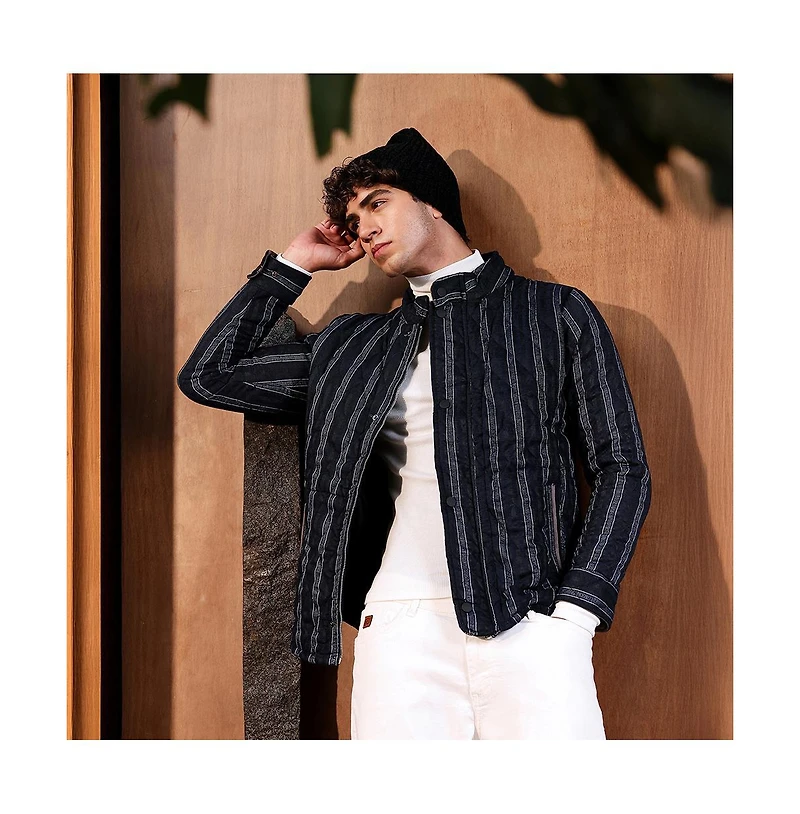 Campus Sutra Men's Navy Blue Woven-Striped Quilted Jacket