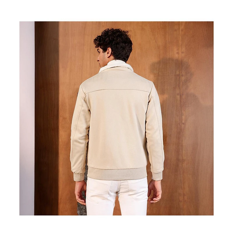 Campus Sutra Men's Saltbox Beige Contrast Sherpa-Lined Suede Bomber Jacket