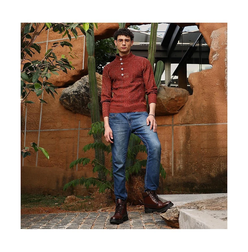 Campus Sutra Men's Terracotta Brown Heathered-Jacquard Knit Fisherman Sweater