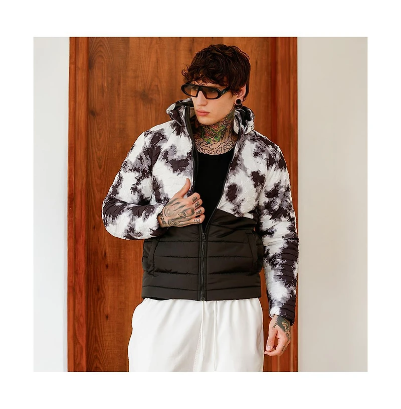 Campus Sutra Men's Obsidian Black & Chalk White Dye-Block Quilt Puffer Jacket
