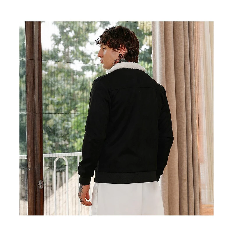 Campus Sutra Men's Raven Black Contrast Sherpa-Lined Suede Bomber Jacket