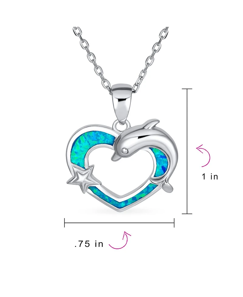 Bling Jewelry Created Blue Opal Inlay Nautical Ocean Marine Hawaiian Vacation Heart Starfish Sea Life Dolphin Dangling Pendant Necklace Sterling Silve