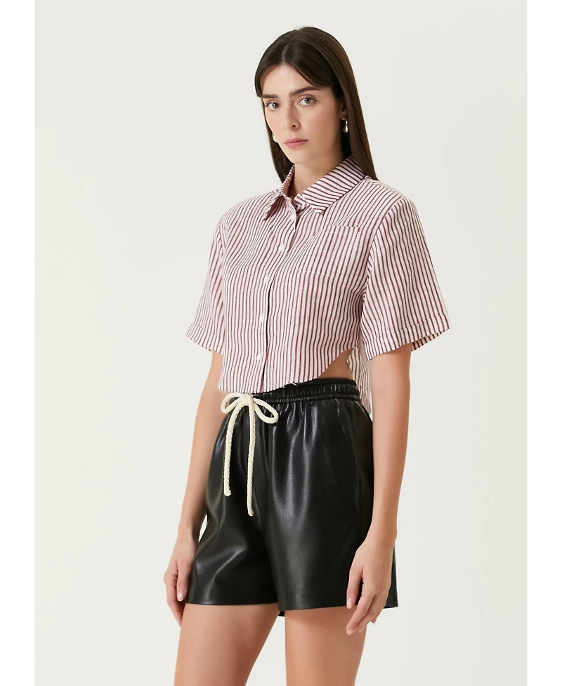 Pcfg Women's Red Striped Linen Crop Shirt