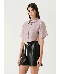 Pcfg Women's Red Striped Linen Crop Shirt