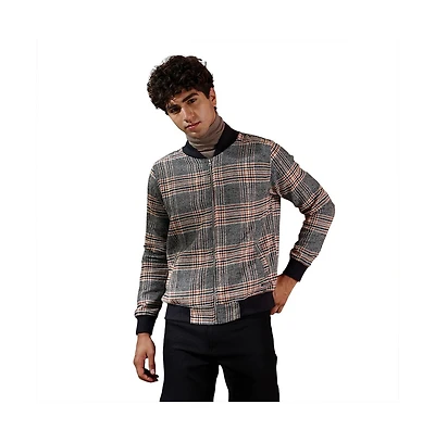 Campus Sutra Men's Midnight Black & Chocolate Brown Tartan-Plaid Bomber Jacket