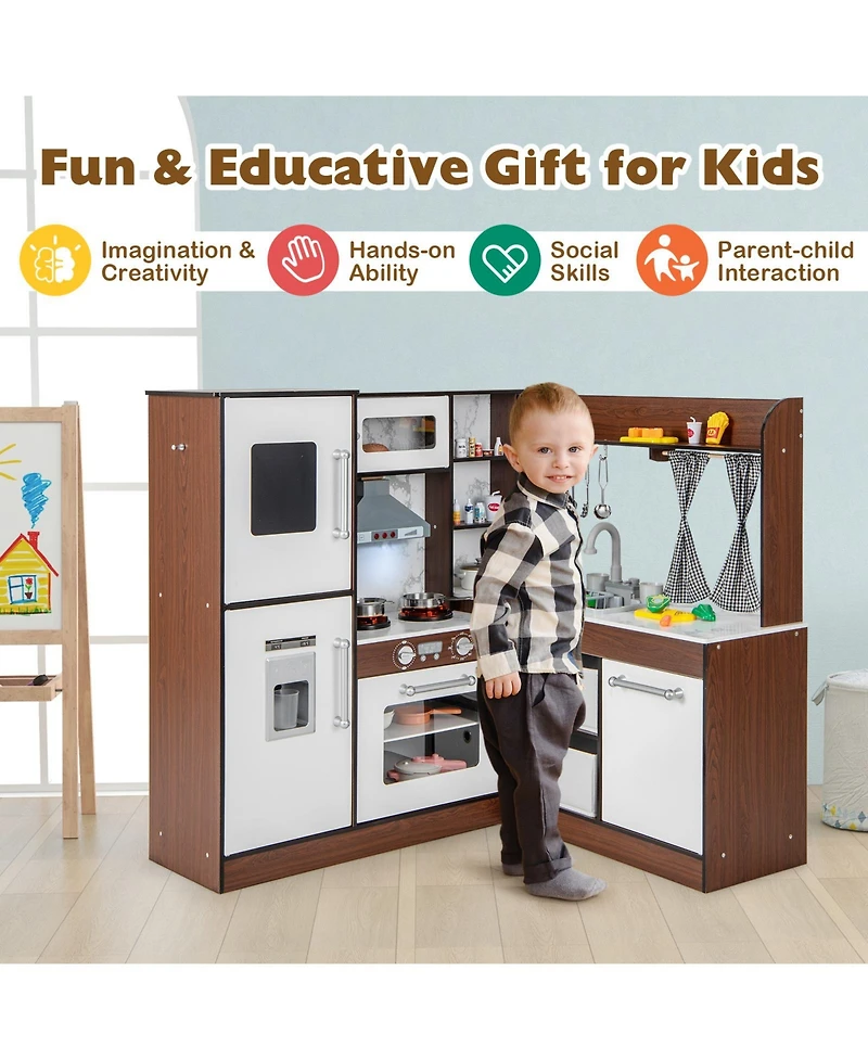 Sugift Wooden Corner Play Kitchen with Water Circulation System and Lights