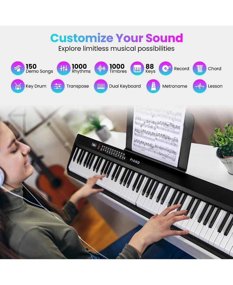 Sugift 88 Key Foldable Electric Keyboard Piano with Wireless Midi and Dual Speakers