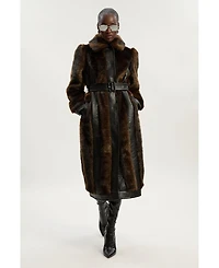 Karen Millen Women's Faux Fur Pu Panelled Belted Midi Coat