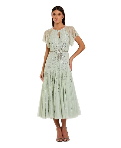 Mac Duggal Women's Enbellished Bow Flutter Sleeve A Line Midi Dress