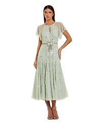Mac Duggal Women's Enbellished Bow Flutter Sleeve A Line Midi Dress