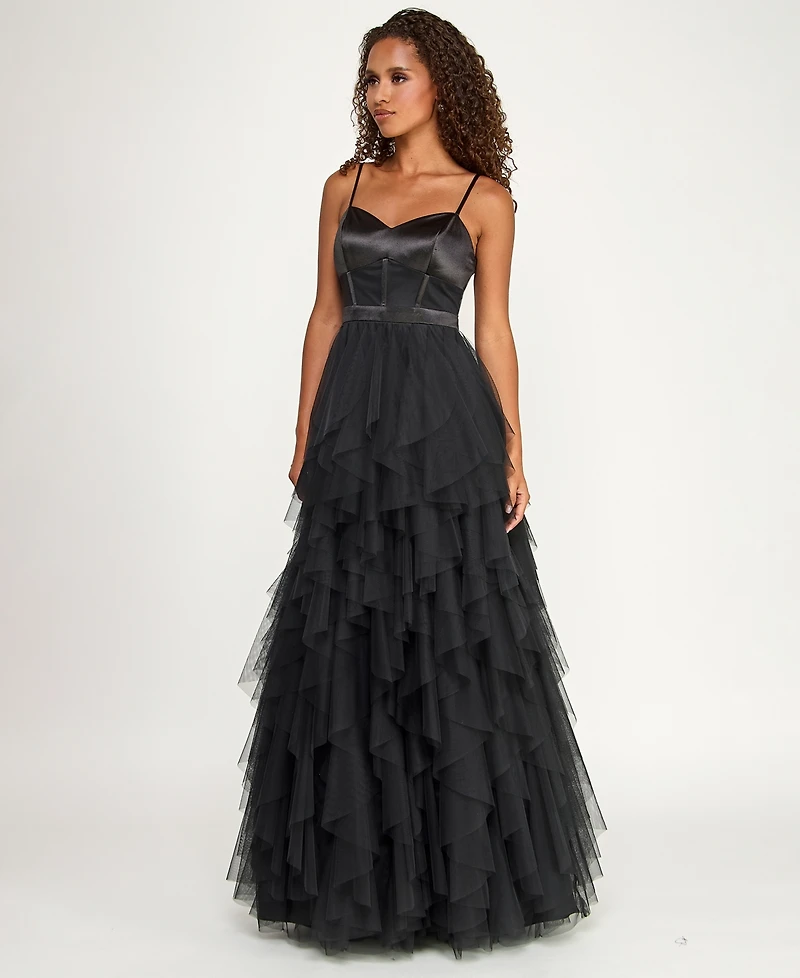 City Studios Juniors' Sweetheart-Neck Ruffled Cascade Gown