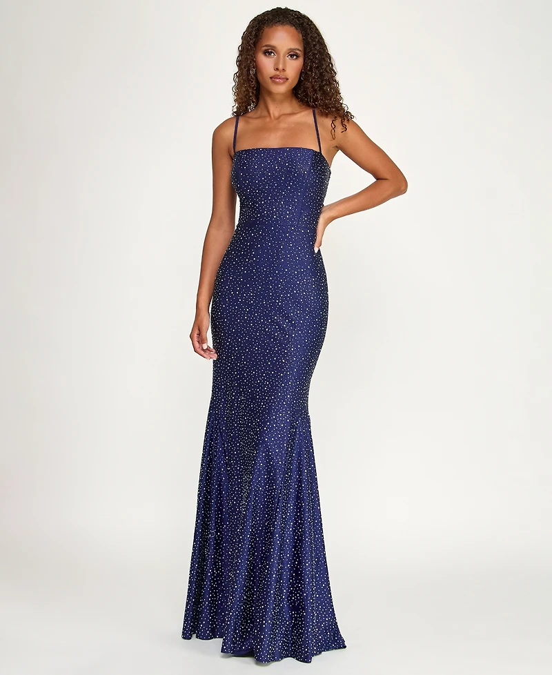 City Studios Juniors' Glitter Satin Square Neck Gown