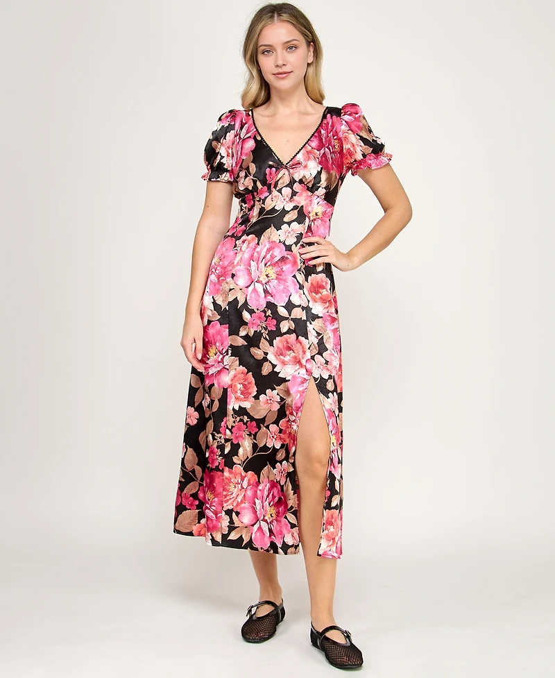 Crystal Doll Women's Printed V-Neck Satin Midi Dress