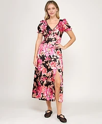 Crystal Doll Women's Printed V-Neck Satin Midi Dress