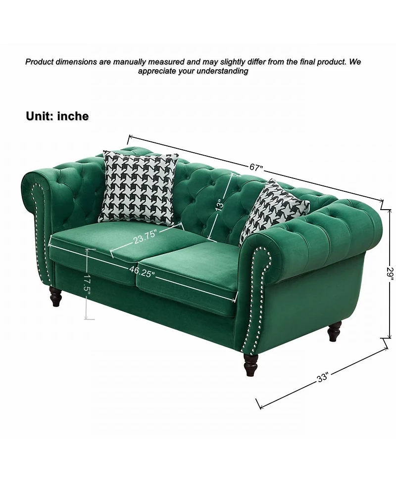 Streamdale Furniture Streamdale Chesterfield Velvet Sofa with Roll Armrest & Nailhead, Green