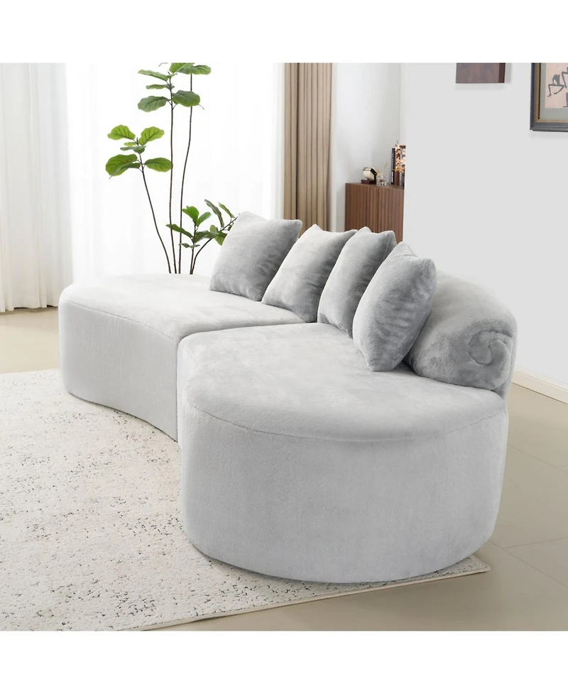 Streamdale Modern curved flannelette sofa with pillows in light gray.