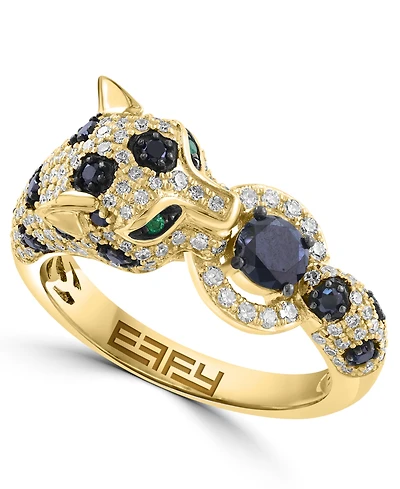 Effy Collection White (1/2 ct. t.w.) & Black (1/2 ct. t.w.) Diamond and Emerald Accent Ring in 14k Yellow Gold