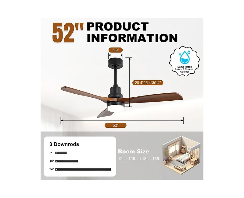Sofucor 52-Inch Modern Black 3-Blade Ceiling Fan with Light, Remote Control & Mobile Device Connectivity