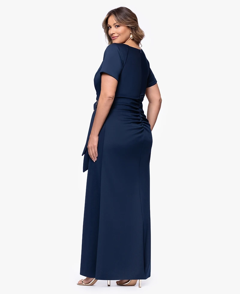 Xscape Plus Short-Sleeve V-Neck Long Dress