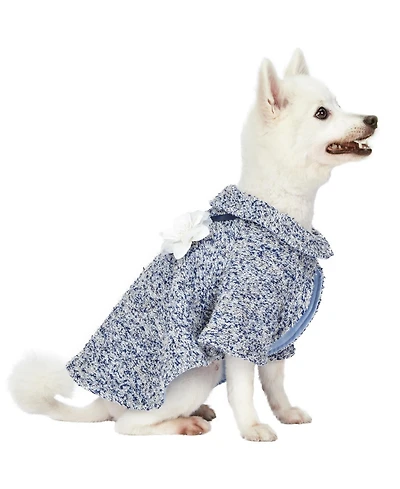 Blueberry Pet Marled Tweed Dog Poncho with Handmade Flower Accessory and Pearl Necklace Warm Tone 10"