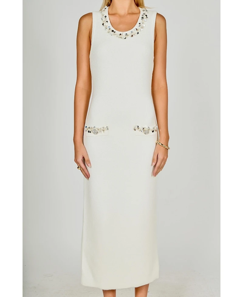 endless rose Women's Boucle Knit Jewel Trim Midi Dress