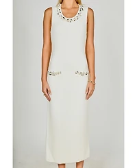 endless rose Women's Boucle Knit Jewel Trim Midi Dress