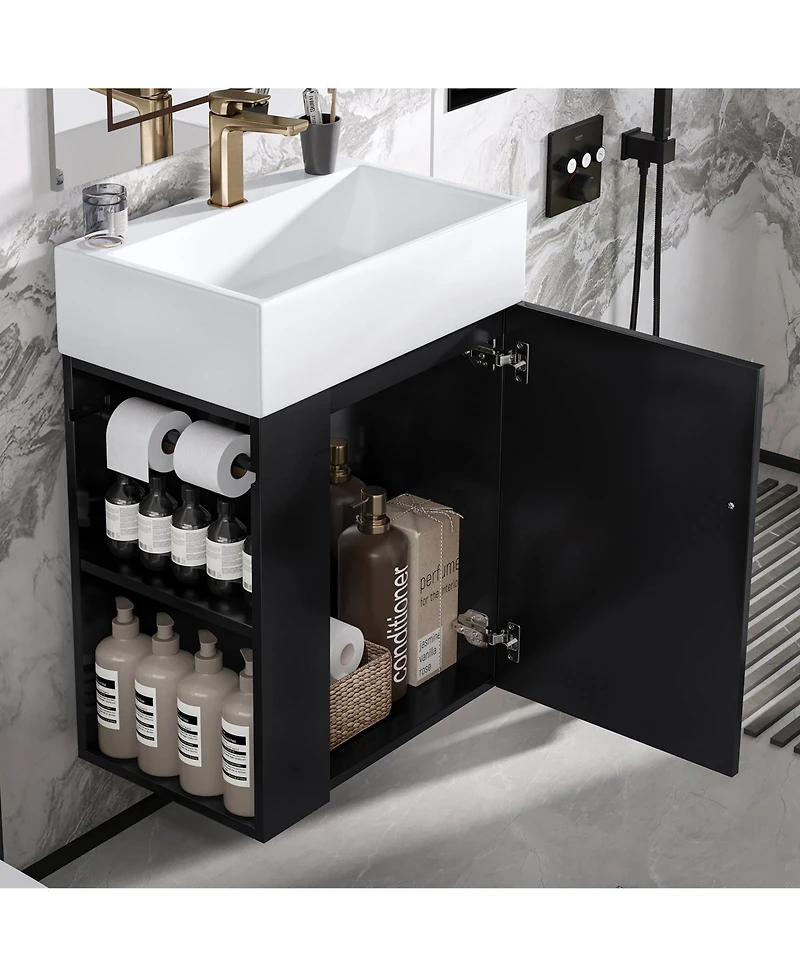 Boyel Living 20 Inch Bathroom Vanity with Ceramic Sink, Diamond Pattern Door, Gold Handle, Side Storage Shelves, Modern Cabinet Towel Bar