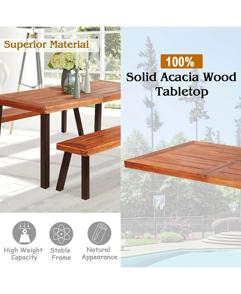 Costway 3 Pieces Picnic Table Set Acacia Wood Table Bench with Steel Legs Outdoor Patio