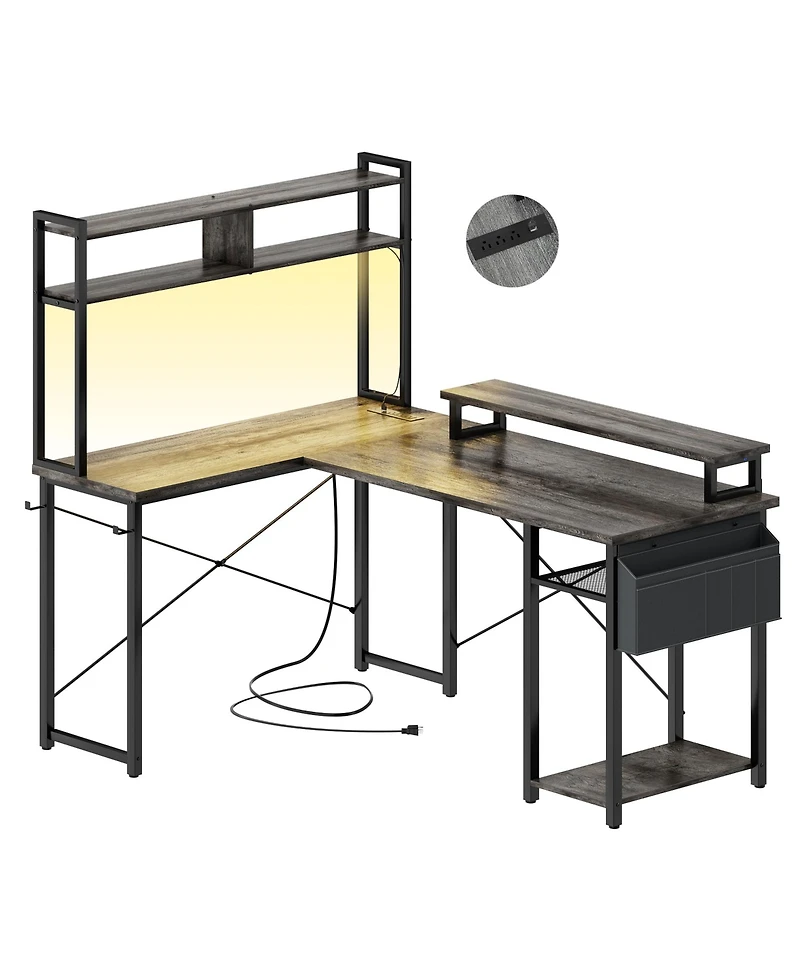 Aheaplus 49'' Small L Shaped Desk with Hutch, Reversible Computer Gaming Desk with Outlet and Led Strip
