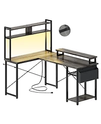 Aheaplus 49'' Small L Shaped Desk with Hutch, Reversible Computer Gaming Desk with Outlet and Led Strip