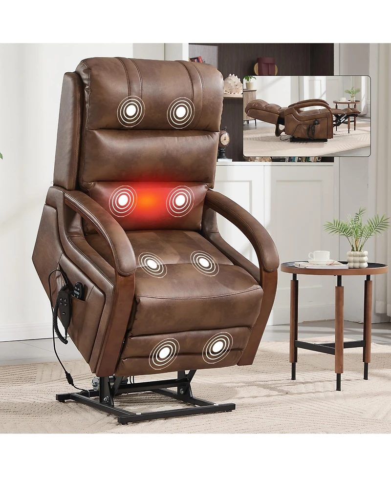 Casainc Power Leatheraire Lift Recliner Chair Dual Motor Infinite Position Up to 350 Lbs with Solid Wood Armrests, Heat Massage and Heavy Duty Motion
