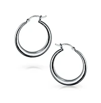 Bling Jewelry Set of 2 Hollow Puff Tube Round 1.75" Hinged Notched Post & 1" Endless Hoop Earrings Sterling Silver