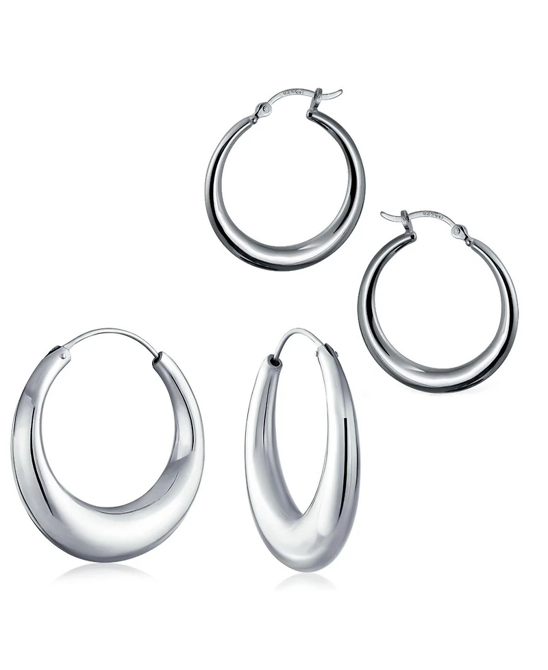 Bling Jewelry Set of 2 Hollow Puff Tube Round 1.75" Hinged Notched Post & 1" Endless Hoop Earrings Sterling Silver