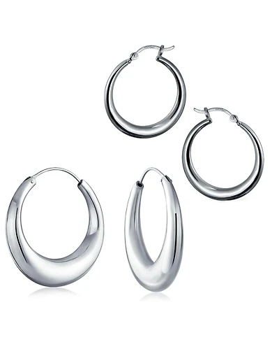 Bling Jewelry Set of 2 Hollow Puff Tube Round 1.75" Hinged Notched Post & 1" Endless Hoop Earrings Sterling Silver