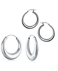 Bling Jewelry Set of 2 Hollow Puff Tube Round 1.75" Hinged Notched Post & 1" Endless Hoop Earrings Sterling Silver