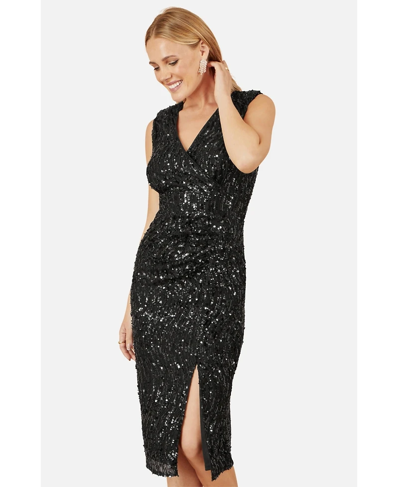 Yumi Women's Sequin Fitted Wrap Dress With Split Hem