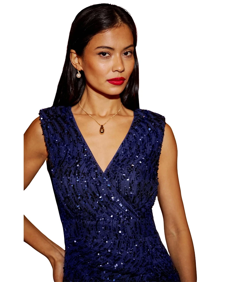 Yumi Women's Sequin Fitted Wrap Dress With Split Hem