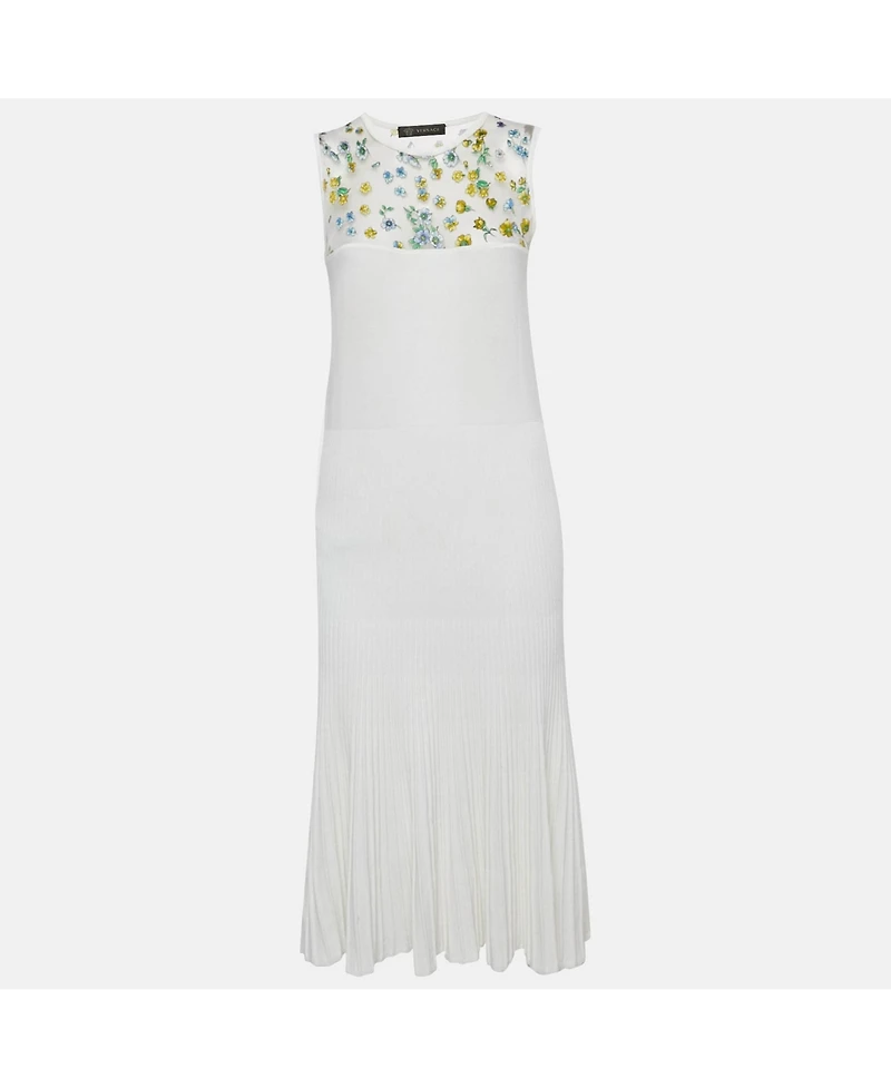 Pre-Owned Versace Women's White Floral Print Mesh And Knit Flared Midi Dress