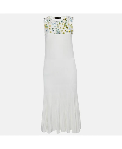 Pre-Owned Versace Women's White Floral Print Mesh And Knit Flared Midi Dress