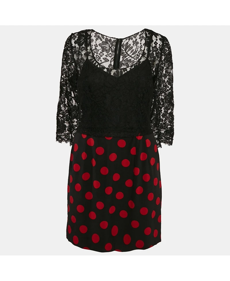 Pre-Owned Dolce & Gabbana Women's Black Lace And Polka Dot Print Silk Mini Dress