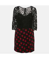 Pre-Owned Dolce & Gabbana Women's Black Lace And Polka Dot Print Silk Mini Dress