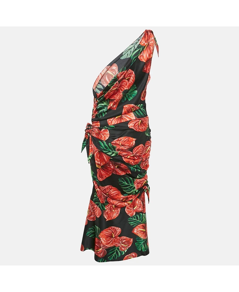 Pre-Owned Dolce & Gabbana Women's Black Printed Satin Silk One-Shoulder Tie-Up Detail Midi Dress