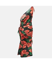 Pre-Owned Dolce & Gabbana Women's Black Printed Satin Silk One-Shoulder Tie-Up Detail Midi Dress