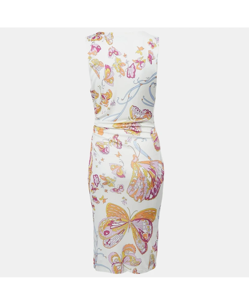 Pre-Owned Emilio Pucci Women's White Printed Jersey Draped Sleeveless Midi Dress